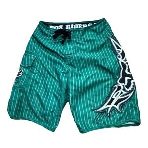 Fox Riders Co Mens Green‎ Board Shorts Swim Trunks Embroidered Size 26 Racing
